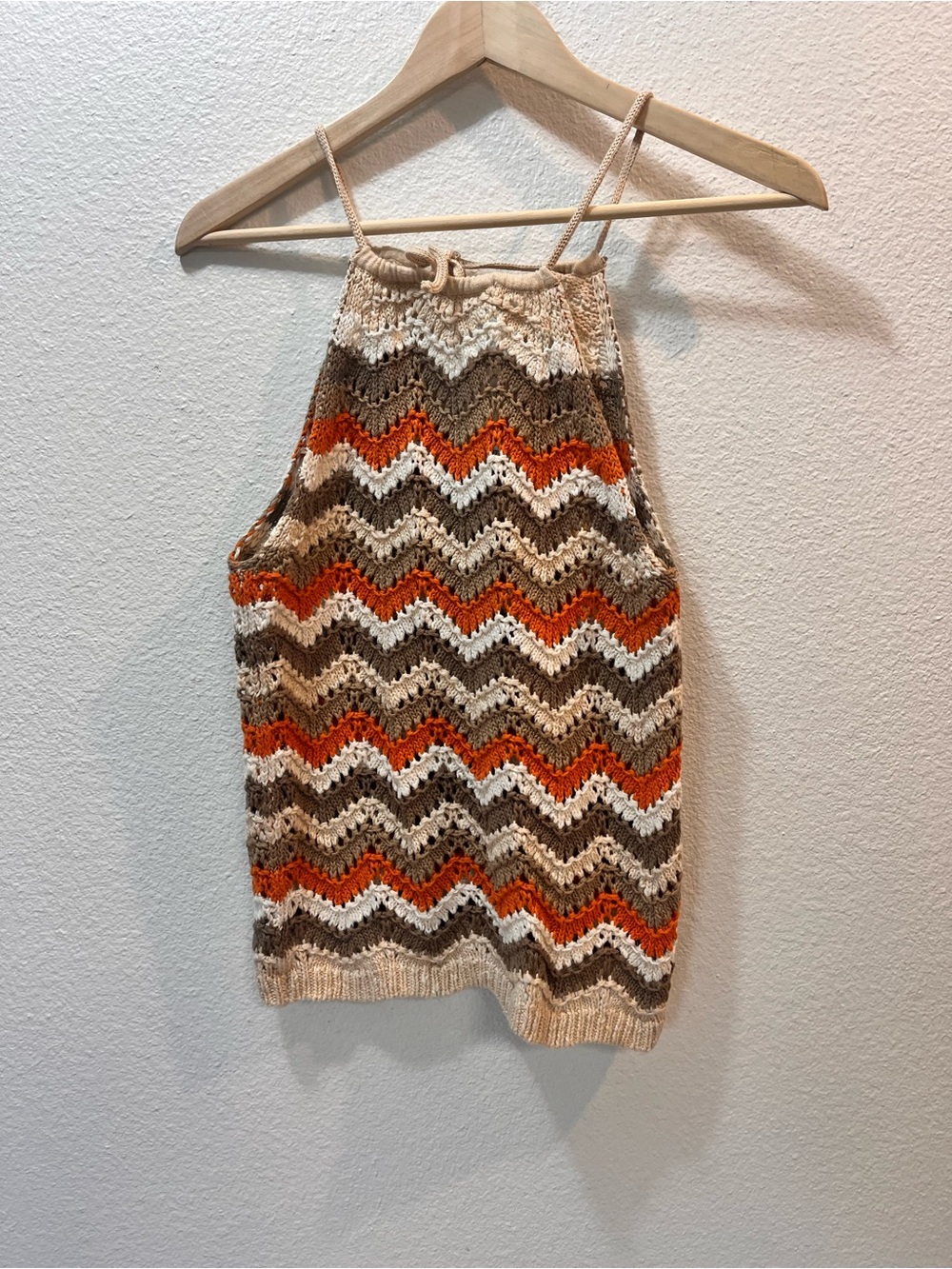 Woven Heart Crochet Chevron Halter Sweater Tank - Orange, Brown, Cream